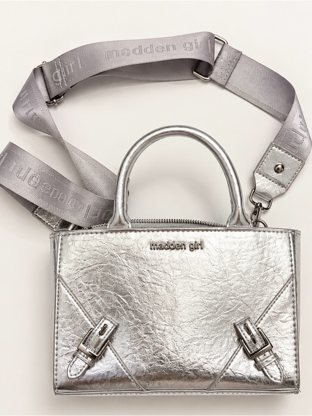 Madden Girl Metallic Silver Crossbody Satchel with Logo Strap